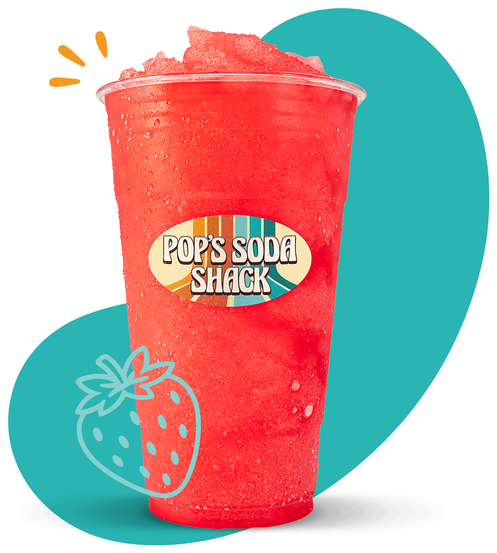 Refreshing strawberry soda at Pop’s Soda Shack with vibrant ice and strawberry flavor.
