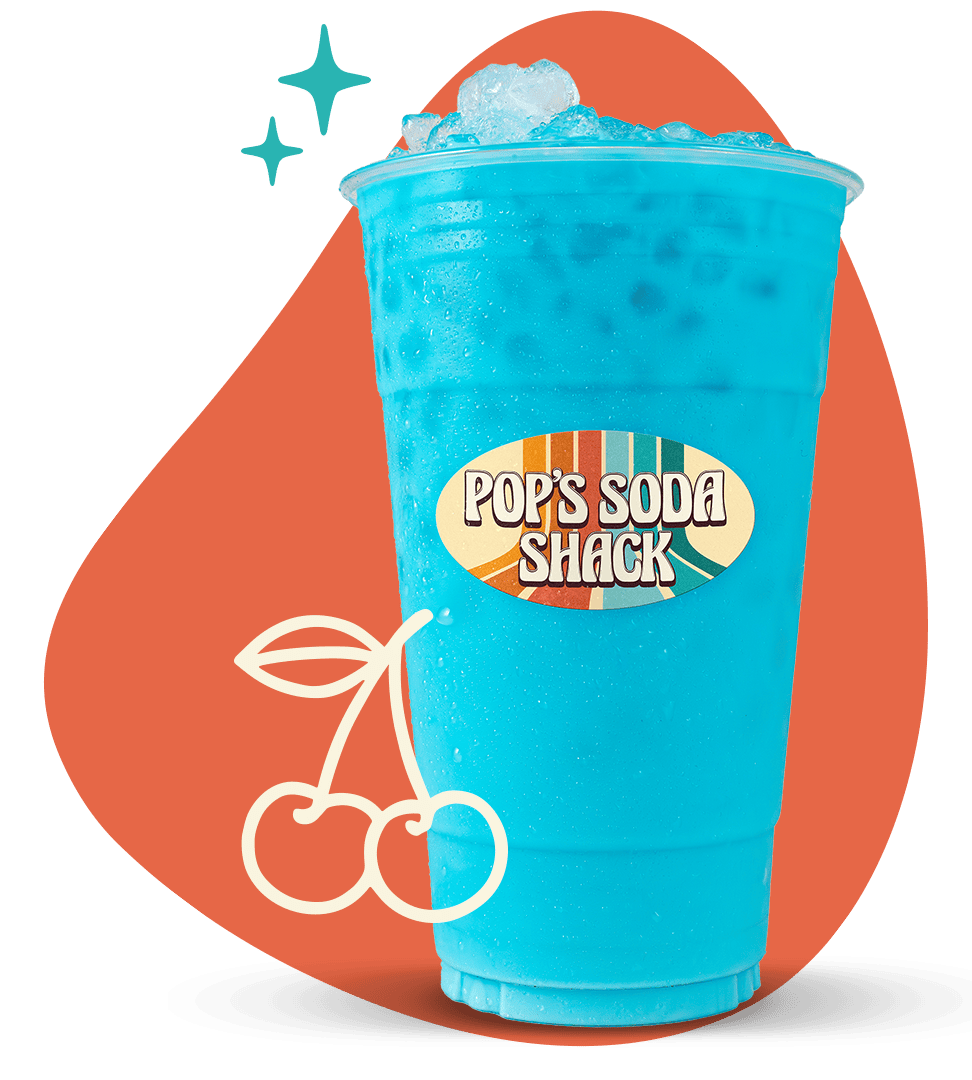 Blue soda in a clear cup with ice at Pop’s Soda Shack, featuring classic soda fountain drinks.
